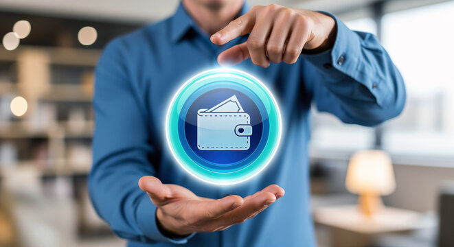 Safekeeping wallet icon centered on a glowing ring, secure money emblem alive with saved cash, guarded funds and calm finances welcomed by bank trust stories and account safety publications