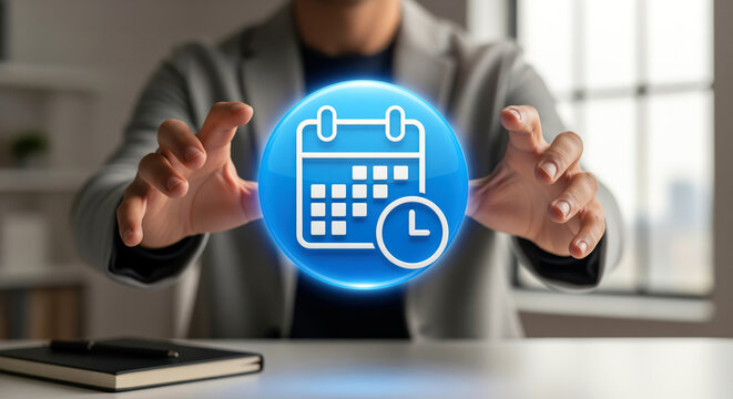 Schedule icon blending a calendar grid with a round clock, timing emblem focused on meeting reminders, weekly agendas and busy day order welcomed by time advice publications and event organizers