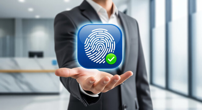 Secure fingerprint icon with an approval checkmark meaning granted access and confirmed identity, biometric safety emblem for fraud protection stories and safe online account publications