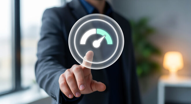 Speedometer icon with a needle sweeping toward the top mark, quick pace emblem about fast service, rapid progress and acceleration goals in productivity stories and speed test promotions