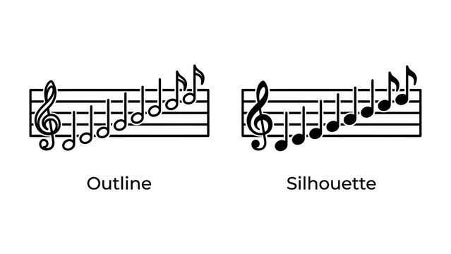 Musical Notation Comparison: A side-by-side visual comparison showcasing the outline and silhouette styles of musical notes on a staff, illustrating different ways to represent sound.