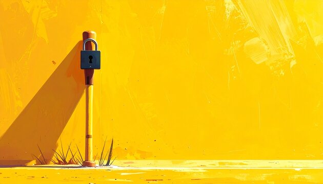 Lone parking meter against bright yellow wall.
