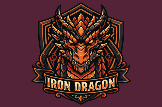 Powerful dragon head mascot logo illustration on a shield crest badge