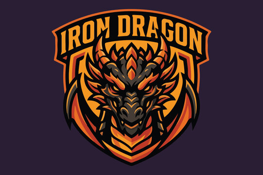 Fierce iron dragon head mascot logo badge on a protective shield crest for sports and gaming teams