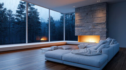 Fototapeta premium Modern luxury living room with large windows, cozy white sofa, stone fireplace, wooden floor, and rainy forest view at night