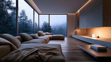 Fototapeta premium Cozy luxury living room with modern sofa, fireplace, large window, wooden floor, warm lighting, and forest view at night