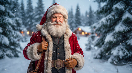 Fototapeta premium Retrato hiperrealista de Santa Claus en un paisaje nevado, con barba blanca y traje rojo, transmitiendo magia, tradición y espíritu navideño.