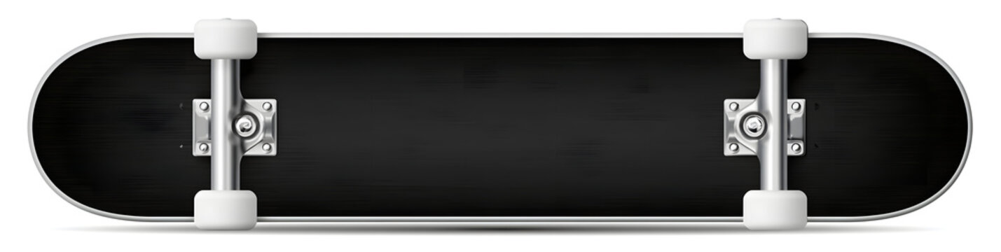 A complete skateboard in black, featuring white wheels and silver trucks, displayed in a side view against a clear background
