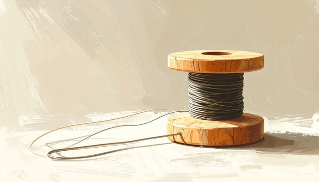 Wooden spool of metallic thread on light surface.
