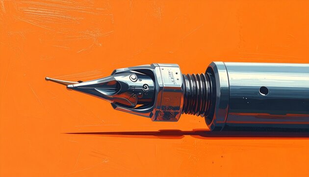 Close up of a vintage fountain pen nib on orange background.