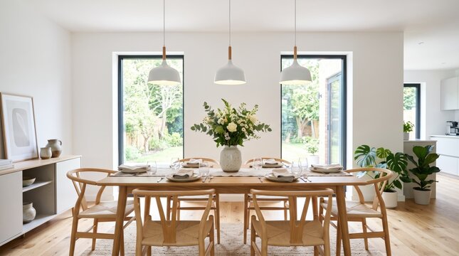 Bright dining room with wooden table, wishbone chairs, pendant lights, large windows overlooking garden.