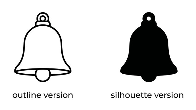 Bell Icon Duo: A simple yet striking illustration featuring two iconic bell shapes &ndash; one outlined and one silhouetted, perfect for notifications, alerts, or design elements.