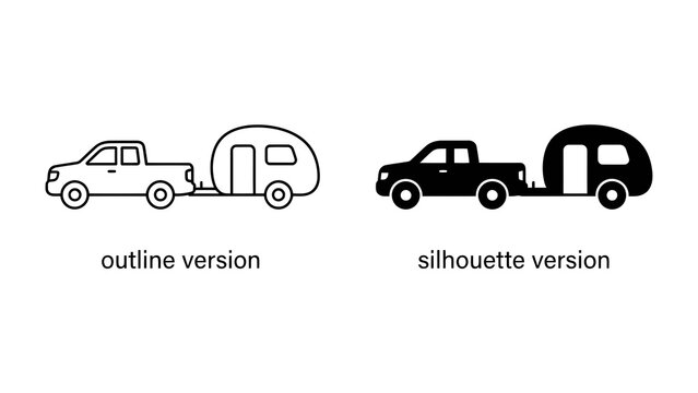 Pickup Truck Towing Camper: Two distinct icons depicting a pickup truck attached to a small camper trailer, presented in both an outline and silhouette style.
