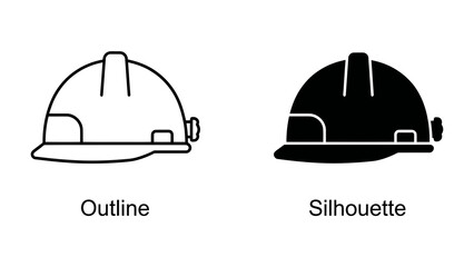 Fototapeta premium Hard Hat: Outline and Silhouette: Two distinct representations of a safety hard hat, one a clear outline and the other a solid black silhouette, ideal for industrial or construction themes.