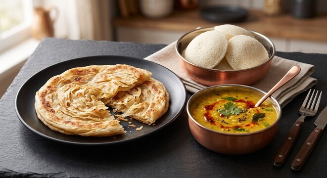Flaky Kerala Parotta and Soft Idli with Lentil Dal on Modern Dark Slate Table