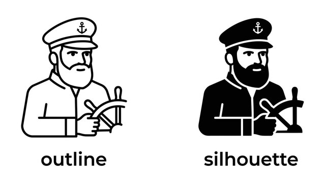Captain Icon: A man in a captain's hat and jacket, holding a ship's wheel, depicted in both outline and silhouette styles.