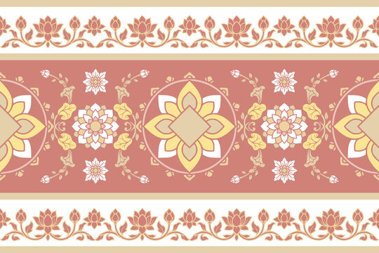 Traditional Thai ornamental seamless border with lotus flowers, Kanok motifs and elegant floral medallions in soft pink and gold. Perfect for textile, wallpaper, packaging and decorative backgrounds.