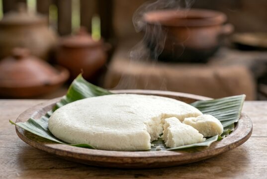 Traditional Ugandan Posho Steamed White Corn Cake Served Hot on a Green Banana Leaf