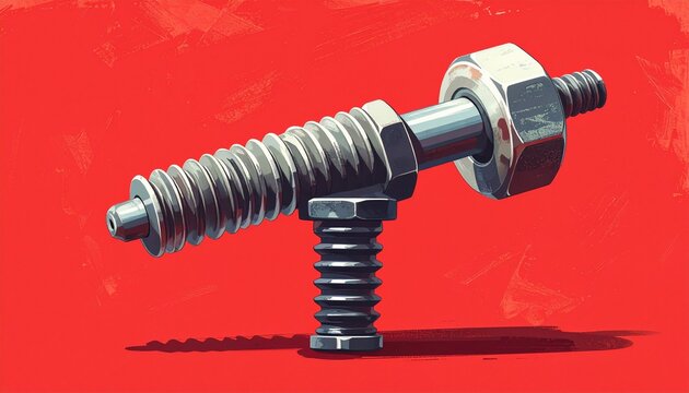 Close up of metal spring and bolts on red background.
