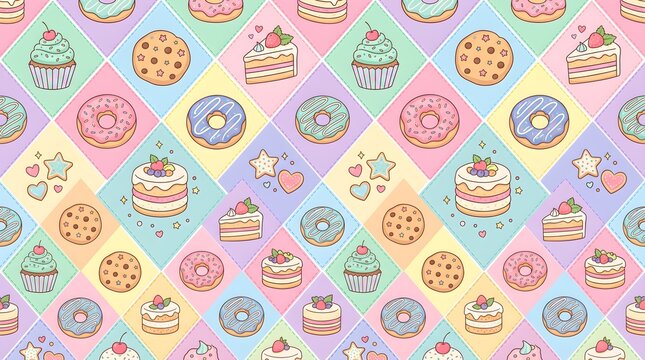 Sweet bakery seamless pattern vector background with donut, cupcake, cookie, strawberry dessert, and pastel elements.