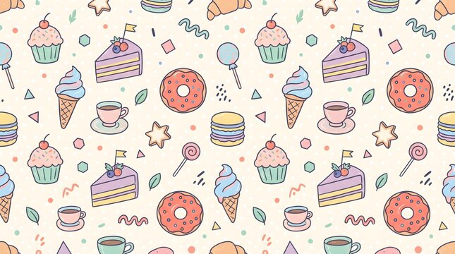 Sweet bakery seamless pattern vector background with donut, cupcake, cookie, strawberry dessert, and pastel elements.
