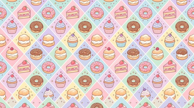 Sweet bakery seamless pattern vector background with donut, cupcake, cookie, strawberry dessert, and pastel elements.