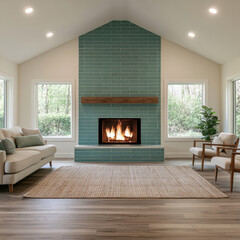 Fototapeta premium Cozy living room with teal tile fireplace, beige sofa, wooden armchair, jute rug, large windows, and indoor plant, peaceful atmosphere