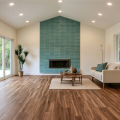 Fototapeta premium Warm cozy living room with brown wood floor, teal tile fireplace, modern sofa, coffee table, indoor plant, natural light