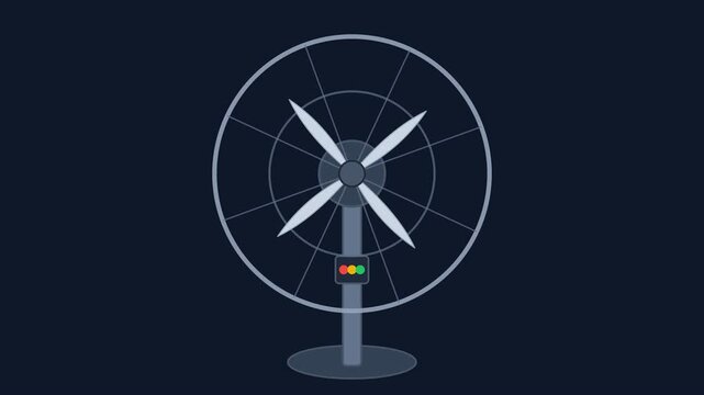 Electric fan illustration depicts a stylized cooling device against a dark background.