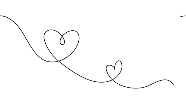 Continuous line drawing 4K animation video featuring two decorative hearts drawn sequentially on a smooth line
