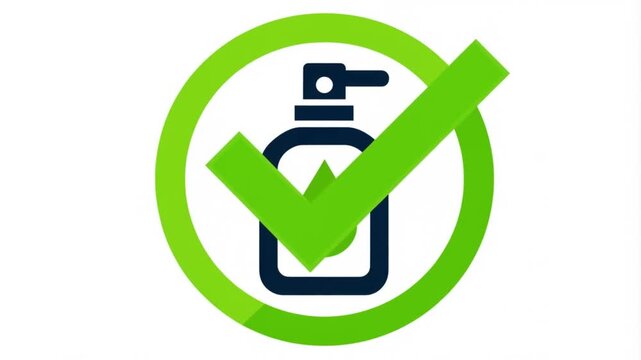Green check mark icon over a hand sanitizer bottle symbol representing hygiene and safety.