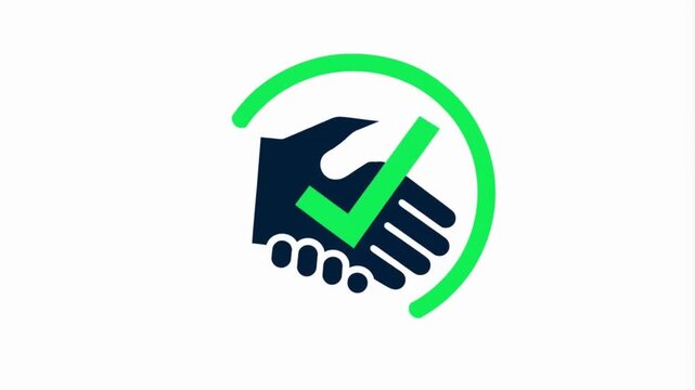 Minimalist icon of a handshake with a green checkmark indicating a successful agreement or deal.