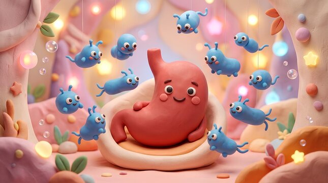 Cute cartoon clay stomach character with small blue microbes.