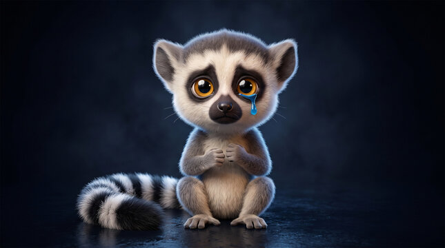 Sad ring tailed lemur crying with blue tear on dark background