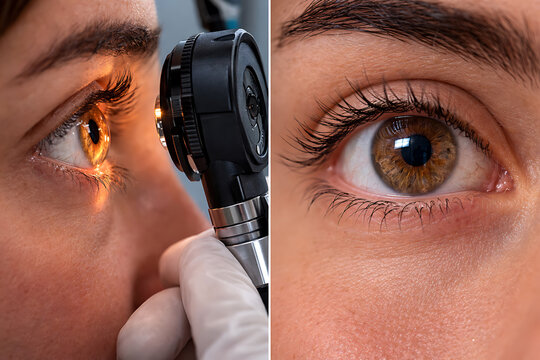 Eye examination with ophthalmoscope and detailed close up of human iris in medical clinic