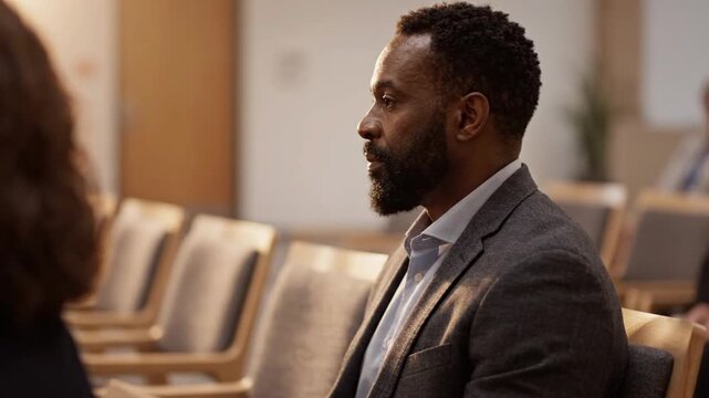 A professional Black man sits attentively in a lecture hall, captured in a profile view as he listens to a presentation in a quiet auditorium.