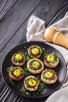 Baked Stuffed Mushrooms with Cheese, Meat Quail Egg Gourmet Delight