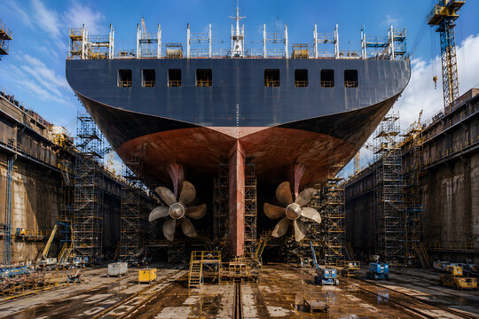 Container Ship in Dry Dock &ndash; Shipyard Repair and Maintenance of Cargo Vessel