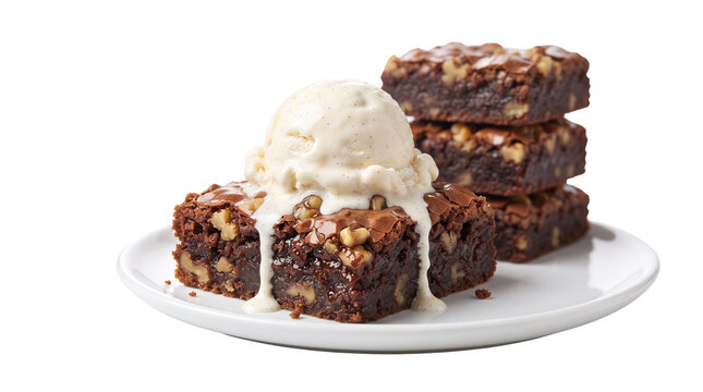 Chocolate walnut brownies with vanilla ice cream, decadent fudge dessert squares on white plate, gourmet bakery treats isolated PNG with Transparent Background