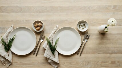 Fototapeta premium Elegant Dining Table Setup with Simple Plates and Natural Decor