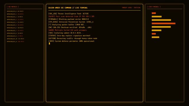 A high-tech digital interface displays live command terminal data, featuring critical system alerts, intrusion detection, and data analysis in a glowing orange aesthetic.