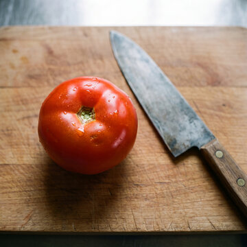 Fresh red tomato with water droplets beside chef knife on cutting board