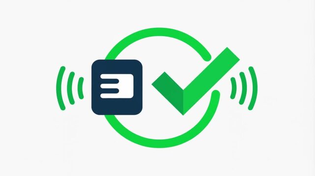 Digital payment confirmation icon with green checkmark and wireless signal waves.