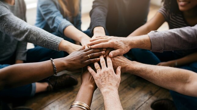 A diverse group of young people joining their hands together in a circle as a symbol of unity and teamwork