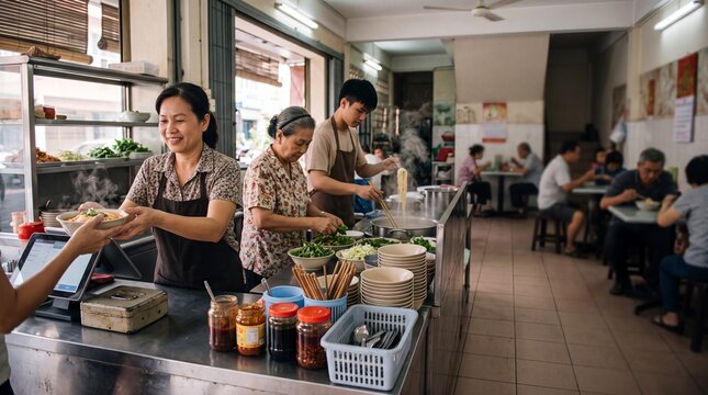A candid scene inside a bustling Asian eatery, where staff expertly prepare and serve meals amidst the warm, inviting atmosphere of a local restaurant.