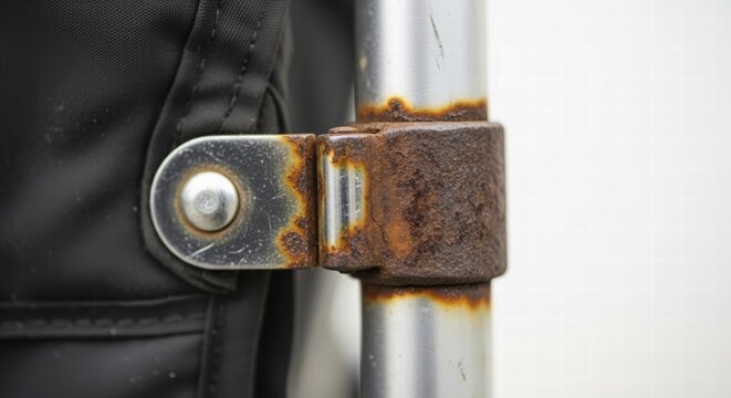 Close-up of a rusty metal hinge attached to fabric, showcasing corrosion and wear, AI generated