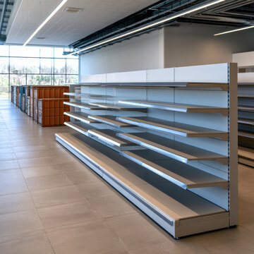 Empty supermarket shelving, modern retail interior, bright lighting, clean tile floor, spacious aisle, contemporary store design