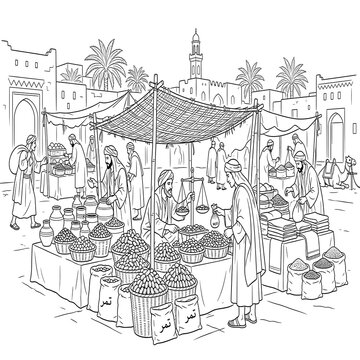 Traditional Arabic market and bazaar vector line art with historical merchants and ancient architecture, perfect for heritage, culture, and coloring projects.