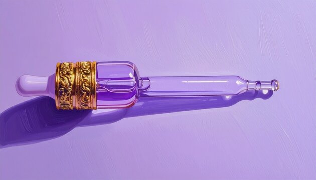 Golden Dropper Bottle on Purple Background.