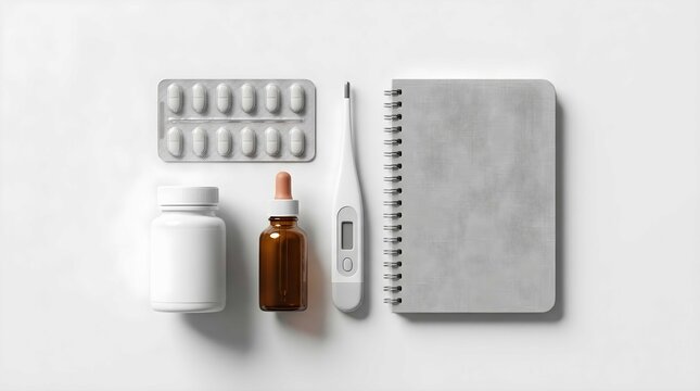 Medical supplies, thermometer, pills, and notebook on white background